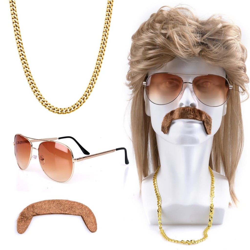 80s Men's mullet wig 80s wig Rocker Accessories Sunglasses Necklace Halloween Costume Beard 1980s