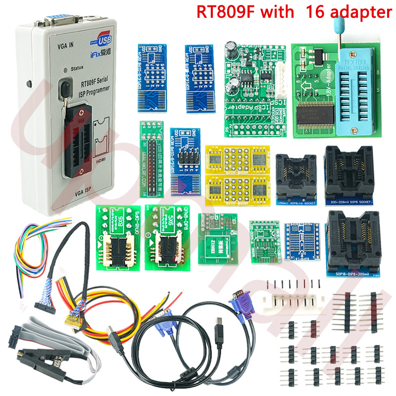 

RT809F LCD ISP Programmer with 16 Adapters 1.8V for SOP8 SOP16 Socket Chips DFN8 WSON8 MLF8 MLP8