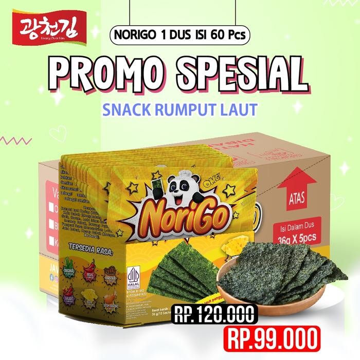 

Norigo 1 Dus Free 10 Pcs / Nori Sachet Seaweed Snack 3G Rumput Laut Halal Keju Cemilan Crispy
