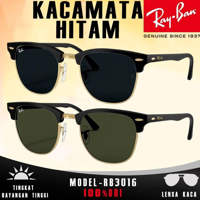 KHUSUS GRAB kacamata hitam Ray-Ban RB3016 CLUBMASTER CLASSIC sunglasses lensa kaca pria dan wanita