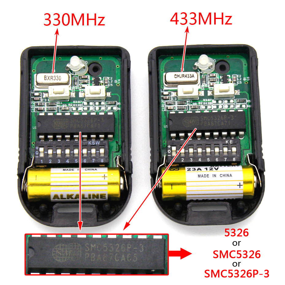 Malaysia Singapore SMC5326 5326 330MHz 433MHz Remote Control 8 DIP Switch Auto Garage Duplicate 330 