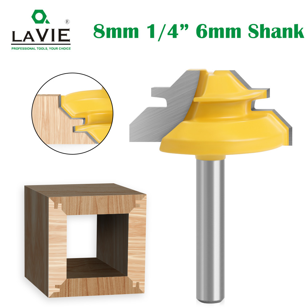 LAVIE 1Pc 1/4" Shank 6MM 8MM 45 Degree Lock Miter Router Bit Tenon Milling Cutter Woodworking Tool F