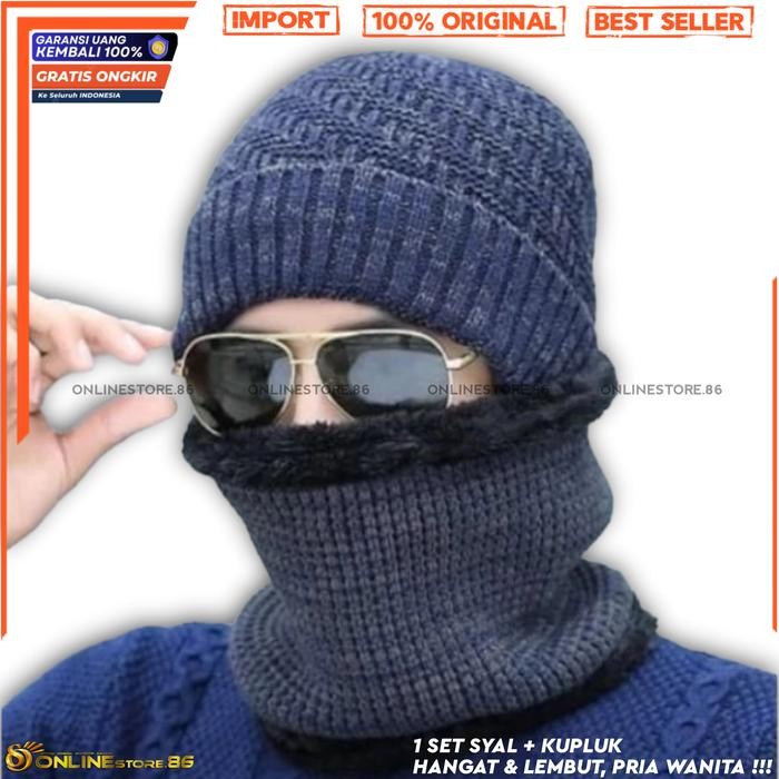 Terlaris Topi Kupluk Syal Set Pria Wanita Kupluk Thermal Winter Hangat
