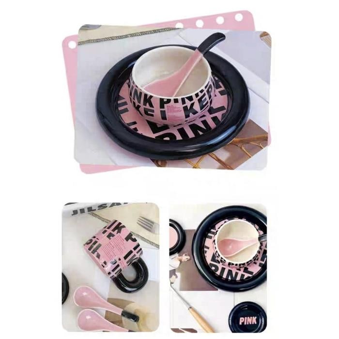 Littleapple_o BlackPink Tableware Piring Makan / piring mangkok Black Pink / piring dan mangkok set