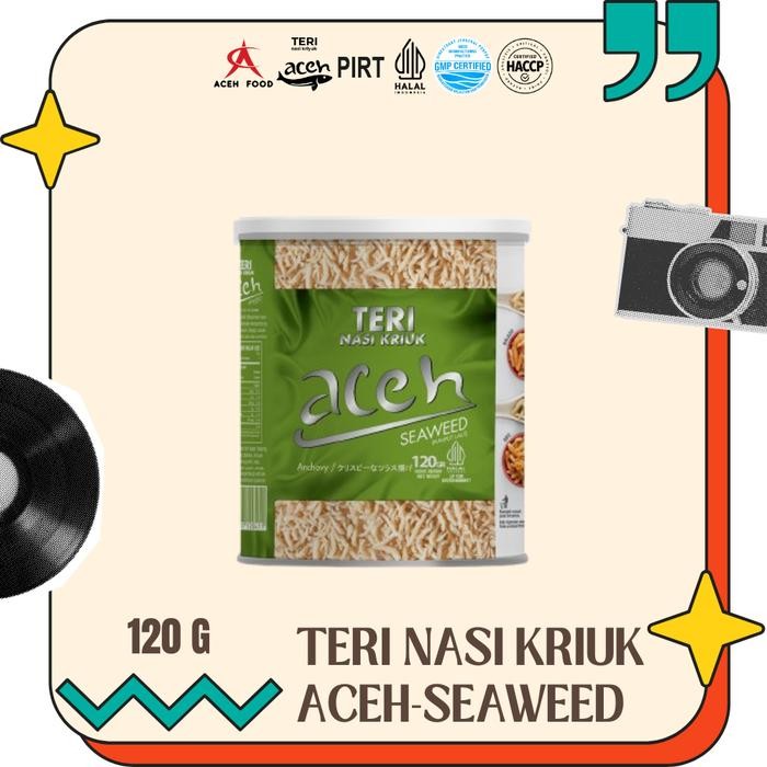 

Snack Teri Aceh Nasi Kriuk Seaweed (Rumput Laut) Kemasan Kaleng 120gr Cemilan Renyah, Gurih,