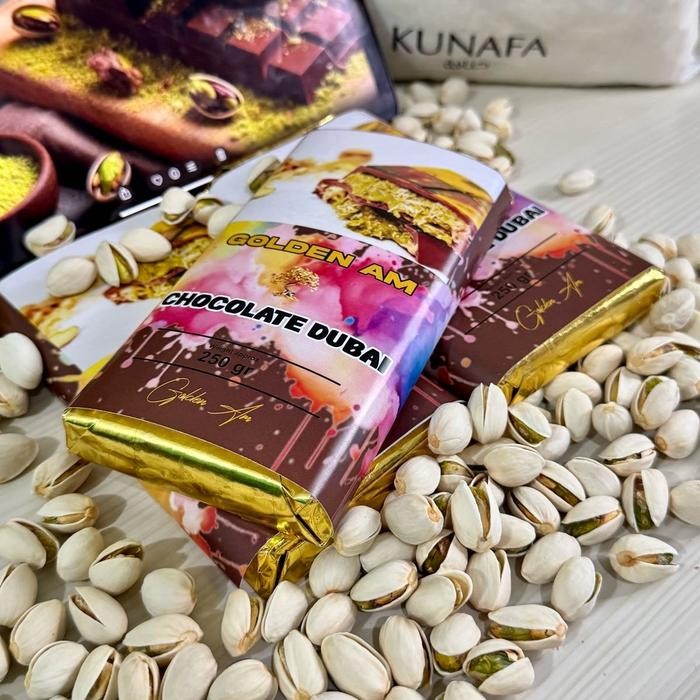 

Cokelat Dubai Viral Golden AM Kunafa Halus dan Kacang Pistachio Asli - Snack Cokelat Halus -