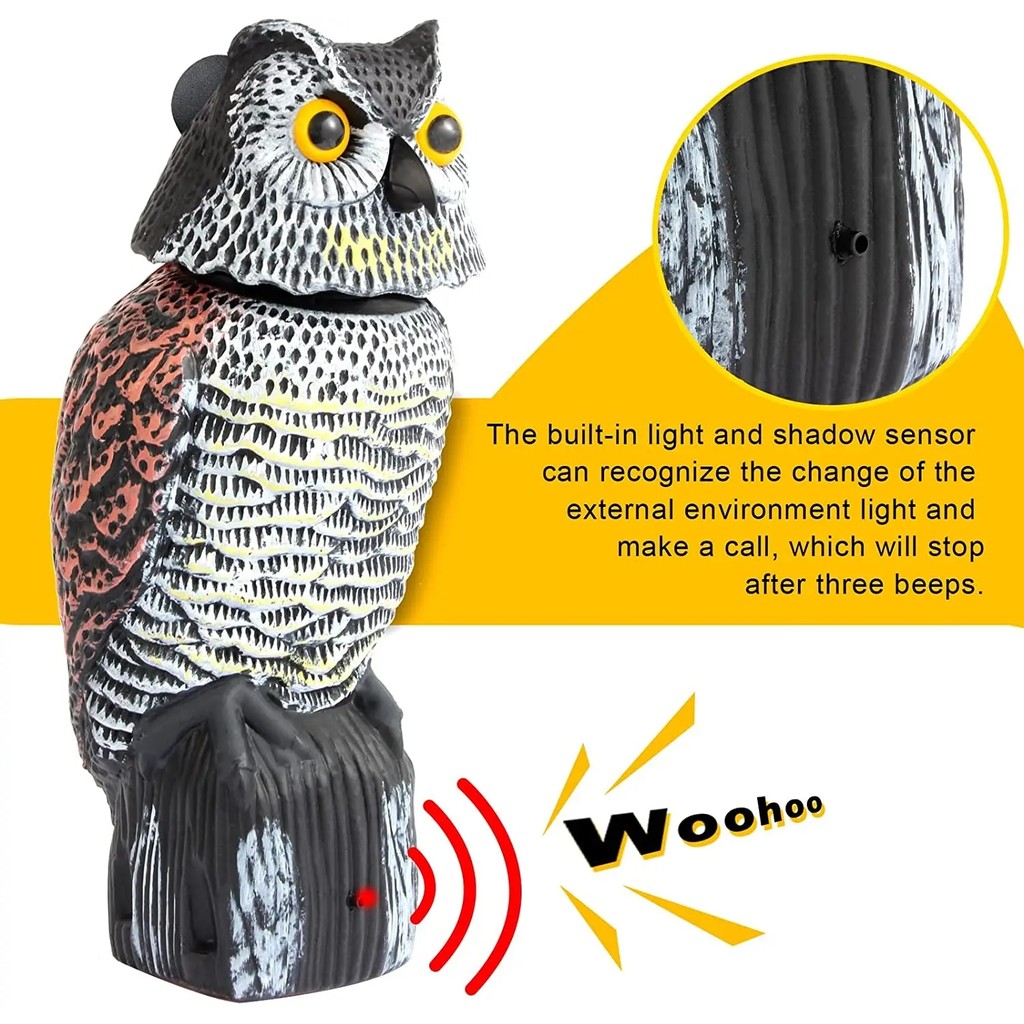 Fake Owl Decoy Plastic Owl Scarecrow Sculpture with Rotating Head and Sound for Garden Yard Bird