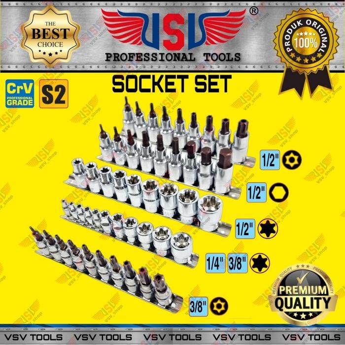 Limited Kunci Sok Bintang Set 11Pcs E4-E20 Kunci Bintang Sock Vsv Star Socket 1/4"&3/8"Dr Set