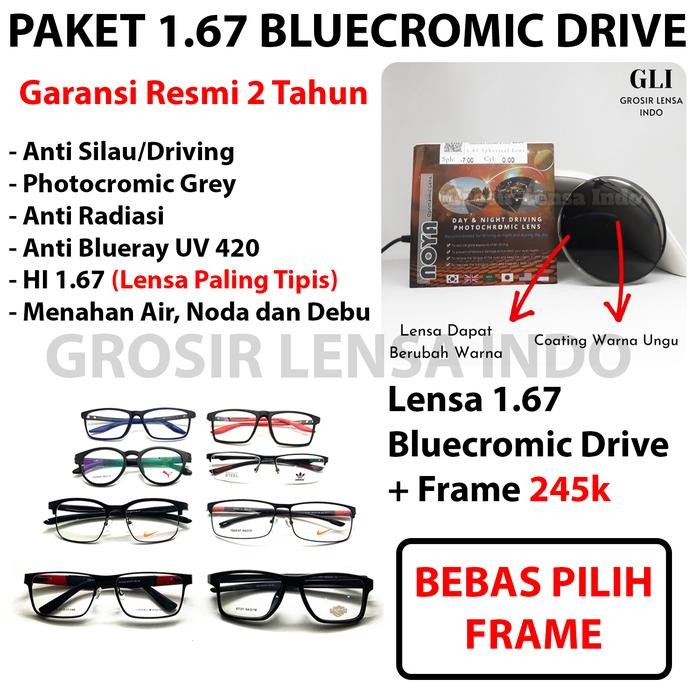 Lensa Kacamata Paket 1.67 Bluecromic Drive + Frame 245k