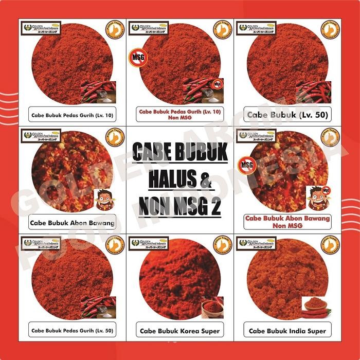 

Cabe Bubuk Kiloan Bubuk Cabai Aneka Level Super Pedas Gurih Abon Korea