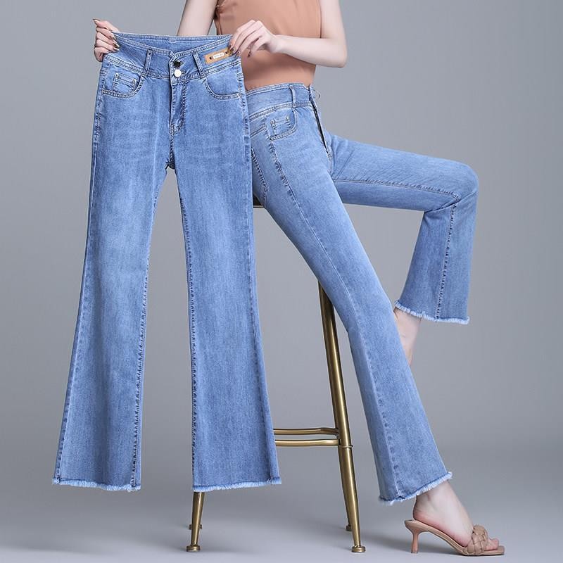 Celana Jeans Wanita Bootcut High Waist - Jeans Pendek Tangan Lebar - Katun Denim - Warna Hitam/Biru 