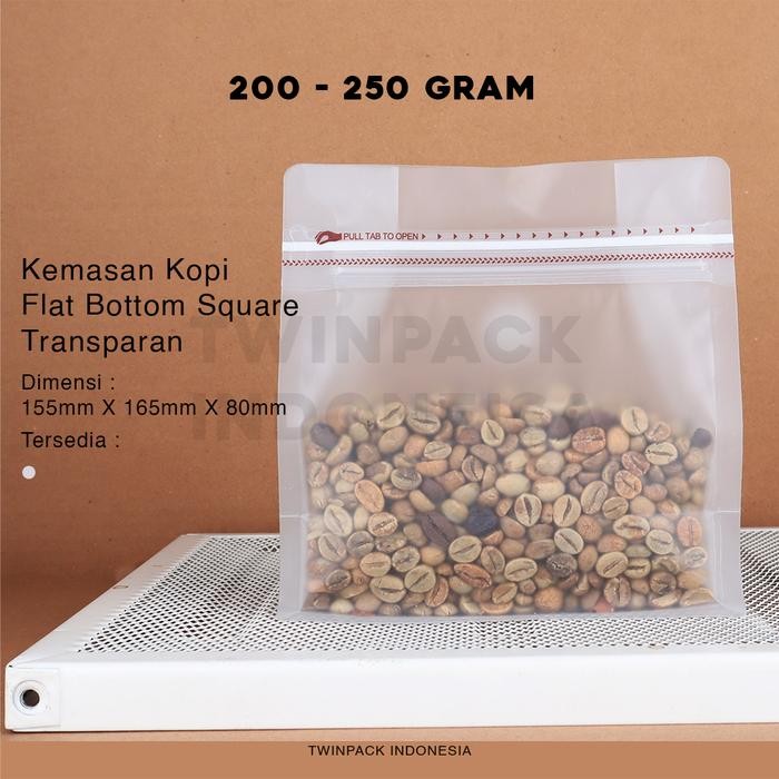 Kemasan Kopi 200gr - 250Gram Square Pouch Zip lock warna Transparan Doff Flat Bottom Wide Bag Valve