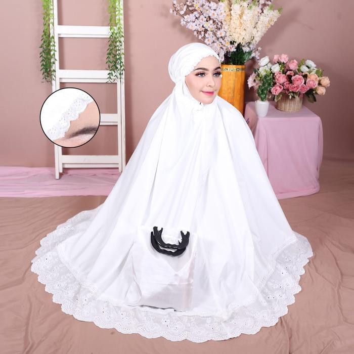 (Allthebest) Mukena Katun Polos Renda Putih Dewasa M1