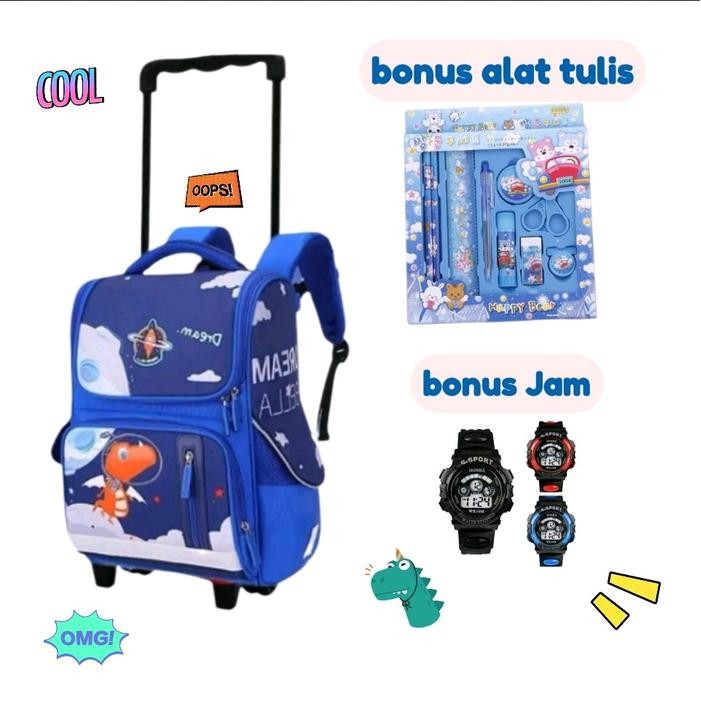 ORIGINAL Tas Troli Koper Anak Laki Laki Karakter Dino / Tas Dorong Anak Sekolah TK PAUD Bonus Jam