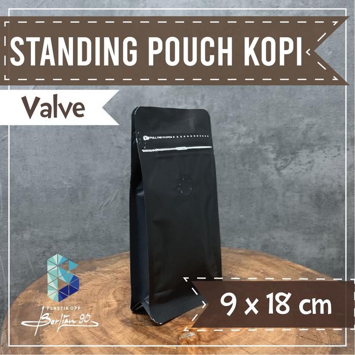 Kemasan Kopi 100gr black standing pouch flat bottom zipper and valve Kode 638