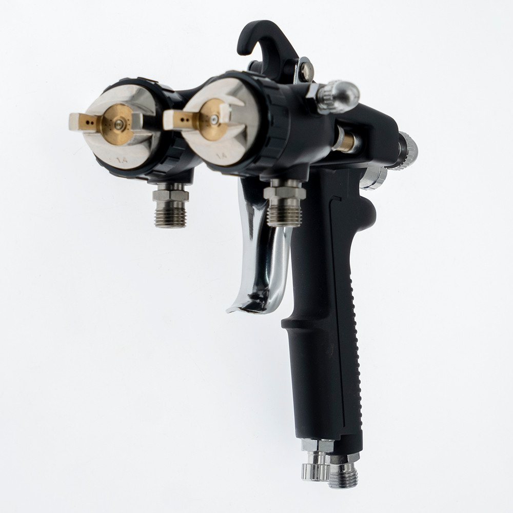Double nozzle chrome/silver spray gun for two-component coating dual head external mixing spray gun