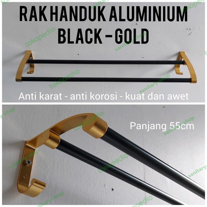 rak handuk black gold / gantungan handuk 2 baris alumunium hitam emas