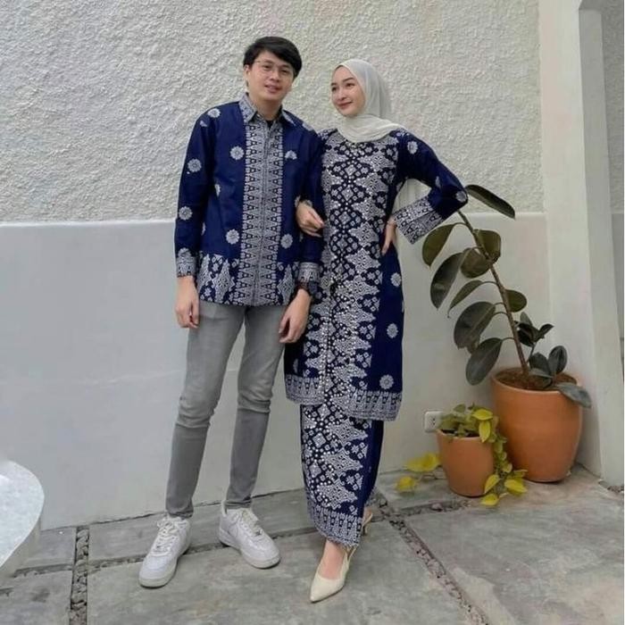 ASLI Baju Batik Songket Palembang Navy Couple Pasangan Kondangan Mewah READY STOCK