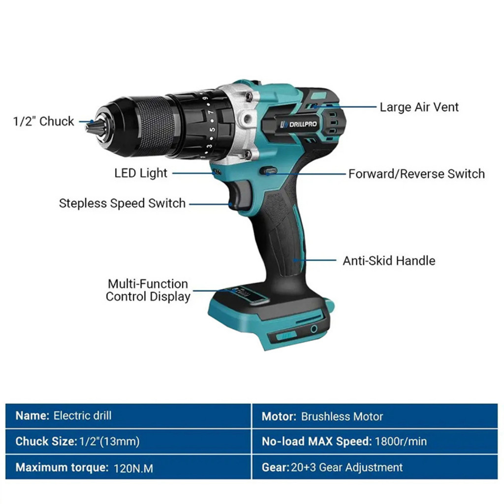 Drillpro 13MM Brushless Electric Impact Drill 120N. m 20+3 Torque Screwdriver Hammer Drill Power