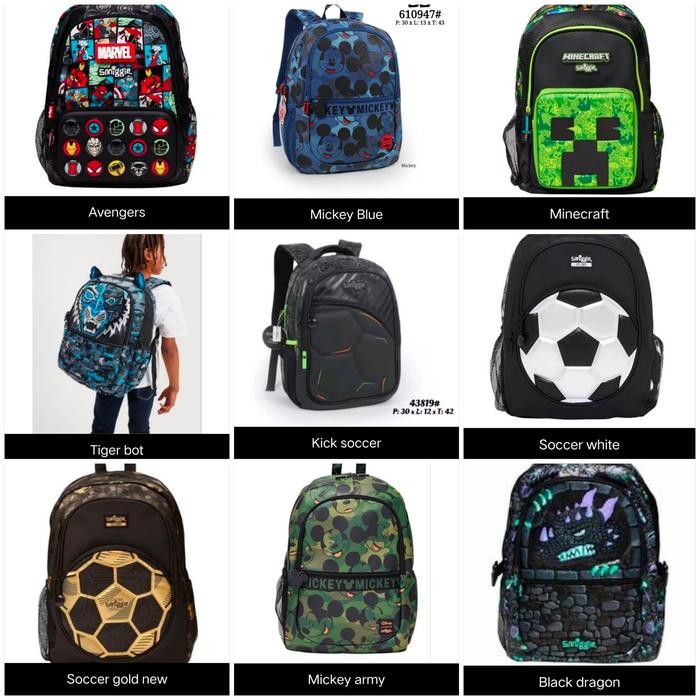 SMIGGLE RANSEL MINECRAFT, SOCCER GOLD, TIGER, JURASSIC, HARRY POT LAKI