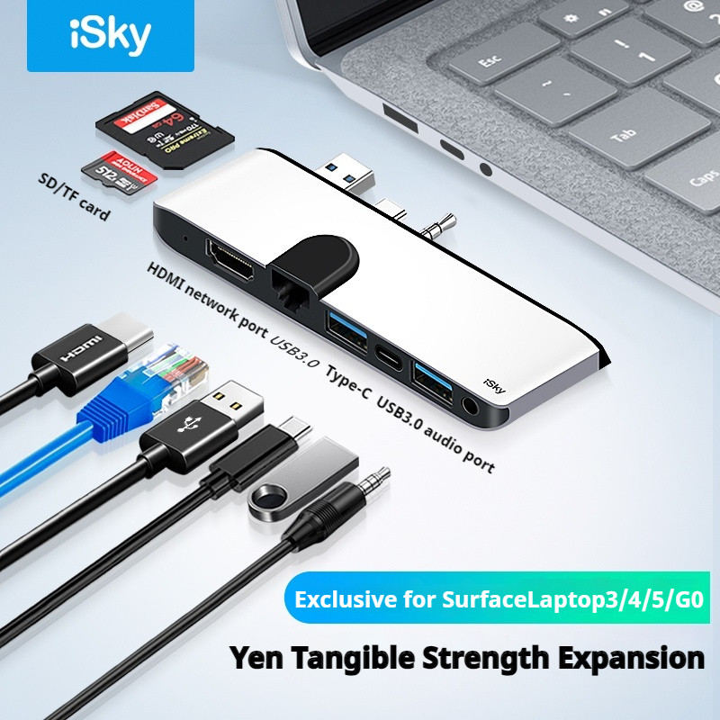 iSky 4K HDMI Laptop Docking Station for Microsoft Surface 3/4/5/go RJ45 Type-C USB Hub 3.5mm Audio