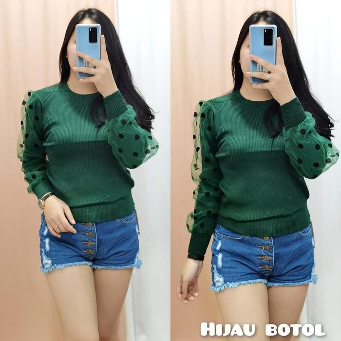 (Allthebest) GLIVEO (COD) - BLOUSE LENGAN BALON TILE POLKA KECIL RAJUT IMPORT / ATASAN RAJUT LENGAN