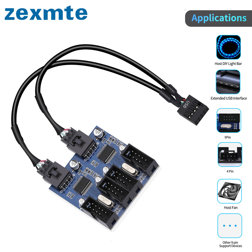 Zexmte Motherboard 9pin USB header Male 1 to 2/4 Female Extension Cable Card Desktop 9-Pin USB HUB U