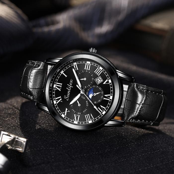 Sunlifex Jam Tangan Pria 7003 Kalender Kuarsa Santai Bisnis Tali Kulit