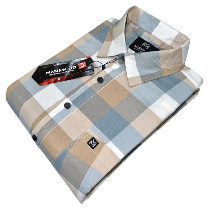 (Expert) Kemeja Pendek Pria Import Motif Kotak Hem Kantor Katun Kasual