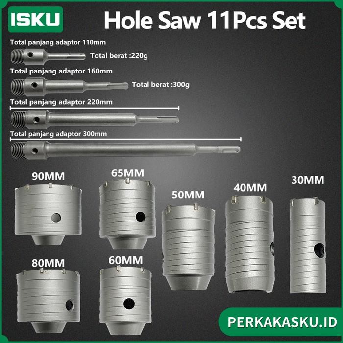 Isku Hole Saw 11Pcs Set Hollow Core Saw 30-90Mm Mata Bor Hole Saw Lubang Tembok Beton Pelubang Beton