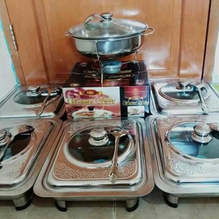 Prasmanan Set Stainless steel wadah saji sayur kotak tutup kaca baki