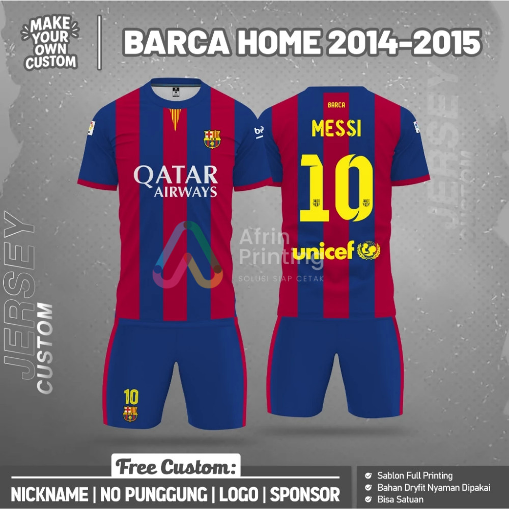 Jersey Bola Barcelona 2014-2015 Home Lengan Pendek Free Desain Custom Nama dan Nomor Punggung