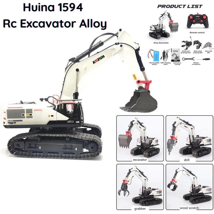 Huina 1594 RC Excavator 1/14 Alloy Drill Grabber Mainan Alat Berat
