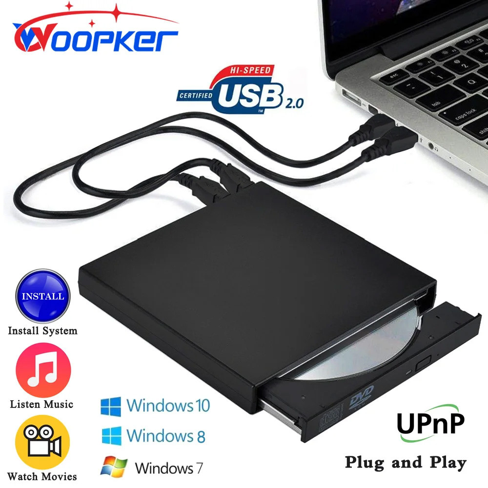 Woopker USB 2.0 External DVD Player CD Drive Mp3 Music Movies Portable Reader for Windows 7/ 8/ 10