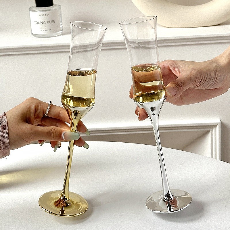 French Waist Champagne Glass Crystal Glass Stilt Plating Bubble Glass High-value Red Wine Sweet Wine