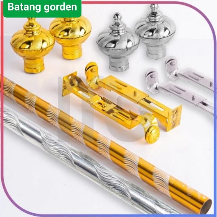 Batang Gorden Full Set/Tiang Besi Rel Hordeng Gordyn Warna Gold Silver Pasti Ori