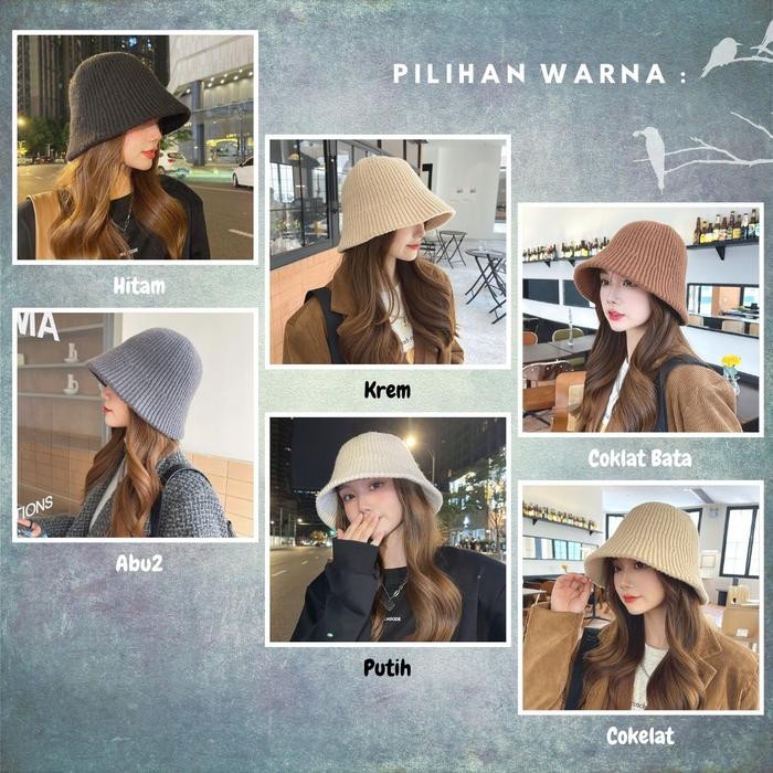 Topi Bucket Rajut Polos Tebal Topi Wanita Korea Bisa Dilipat Topi Cewe