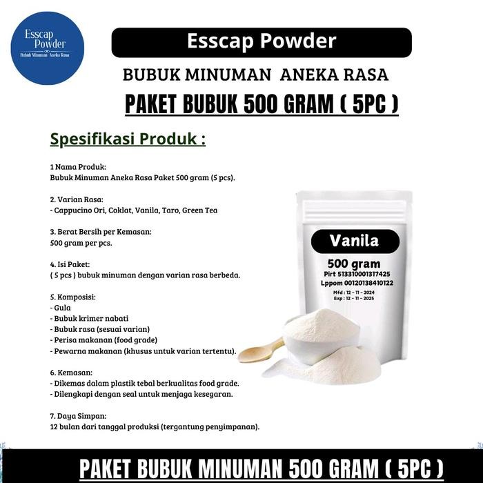 

Paket Bubuk Minuman 500G Isi 5 Pc Rasa Cappuccino, Coklat, Green Tea, Taro, Vanila Praktis Dan Lezat