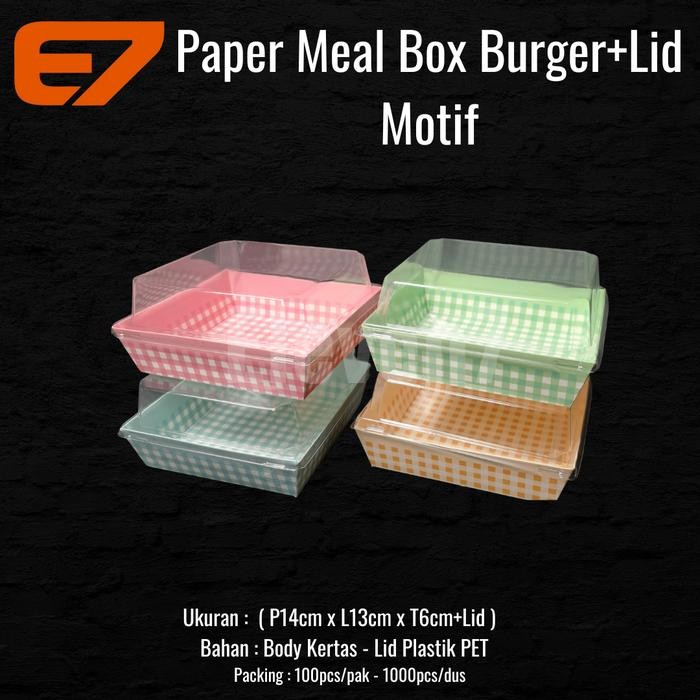 Paper Meal Box Burger Motif + Tutup Mika , Lunch Box Cake Box Kue
