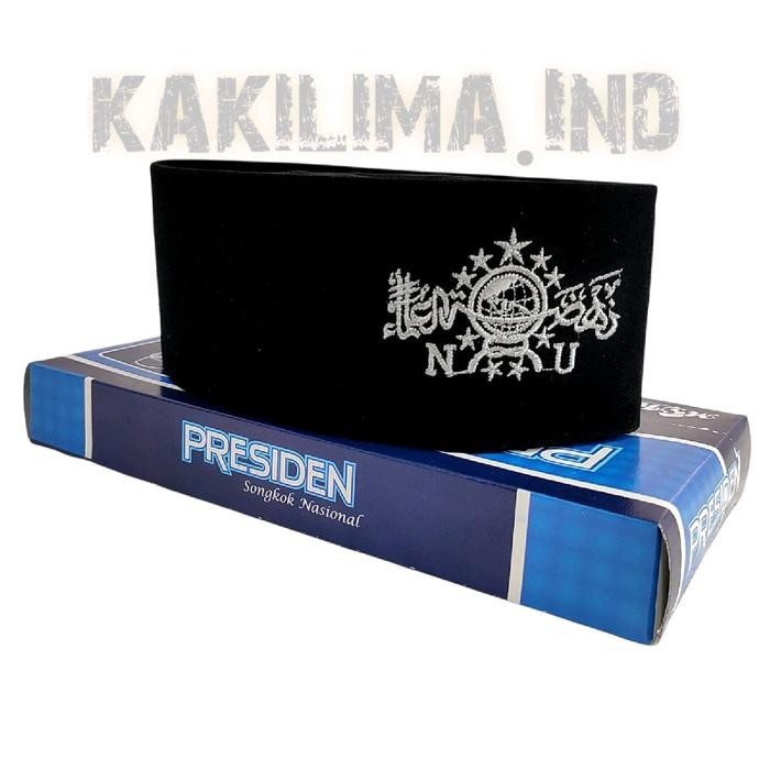 Peci Songkok Kopiah Hitam Motif Logo NU SILVER BORDIR Tinggi 9cm Merk Presiden Murah Berkualitas -