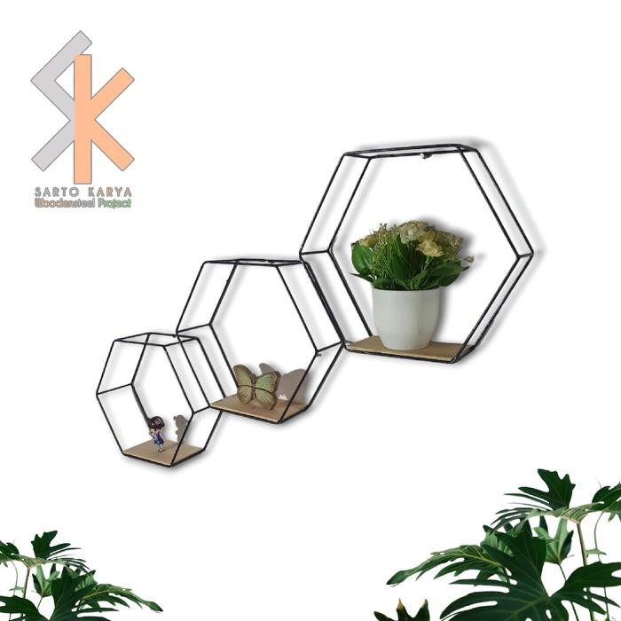 Rak Dinding Hexagonal Besi 1set 3pcs, Besar Sedang Kecil ambalan kayu, Warna Gold, Hitam, Putih,