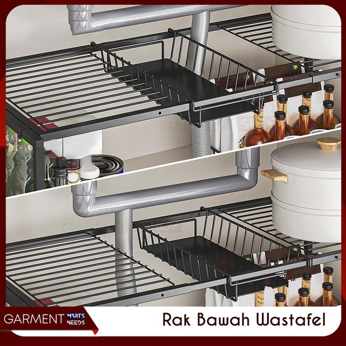 Rak Bawah Wastafel Dapur Kamar Mandi 2 Tingkat Sliding Laci Penyimpan Sabun Bumbu Multifungsi