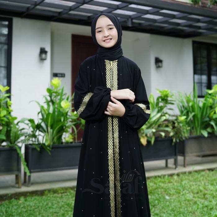 Abaya Gamis Hitam Anak Jetblack bordir lembut muslim wanita dress syari Arab Turki Maxi Remaja