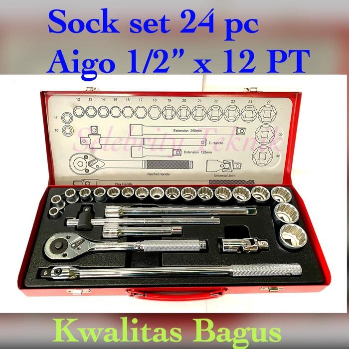 Socket wrench AIGO set 24 pcs 1/2" 12PT Kunci sock set