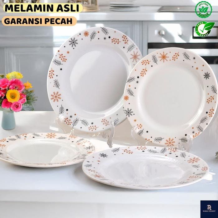 Piring Dangkal Melamin 8/9 inch Mewah Motif Bunga Mimosa Putih Elegan Peralatan Makan Dapur Tebal
