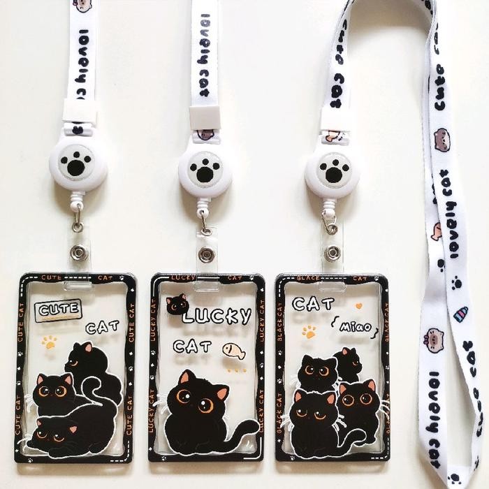 

ID Card Holder Name Tag Lanyard Badge Reel Kalung Wadah Kartu Identitas Tap E-money Cute Black Cat