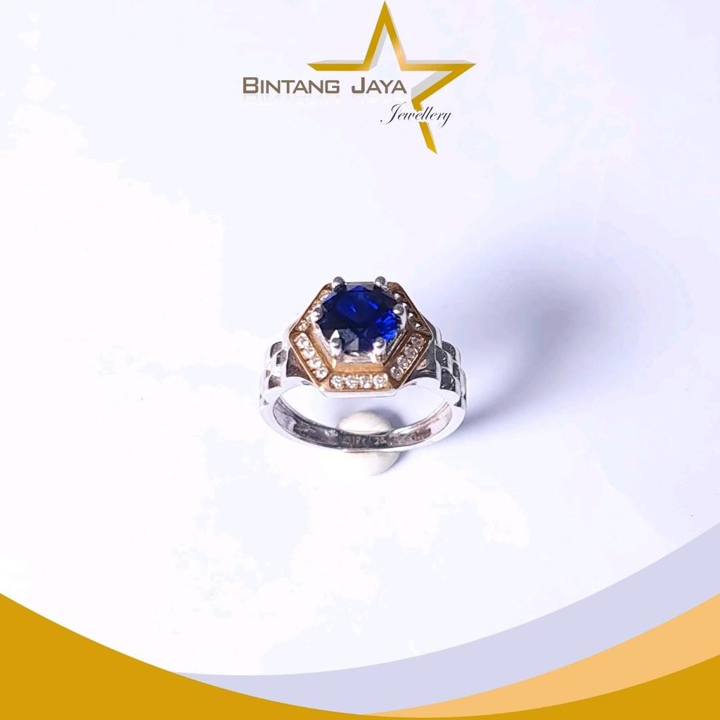 Cincin Cowok Emas Model HeXagon Batu Biru M Putih Samping Whitegold - Kadar (17K) - Berat 7gr - Size
