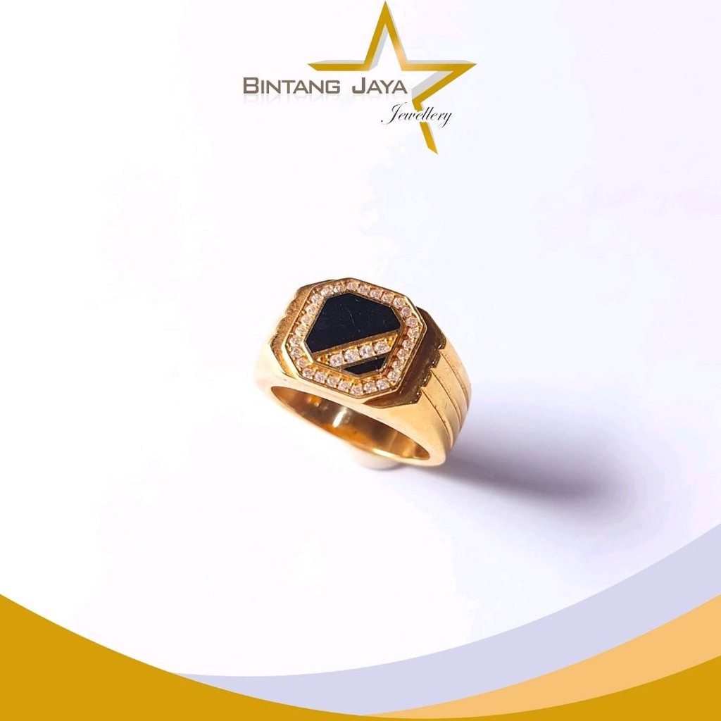Cincin Cowok Emas Petak Cat Hitam M Putih - Kadar (16K) Berat 8,49gr Size 20 - Perpaduan Warna Beran