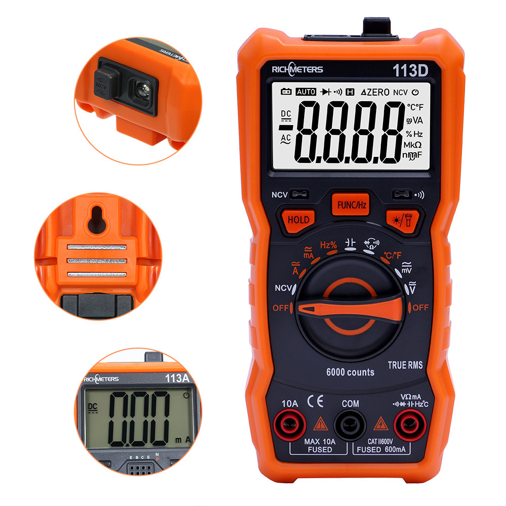 RICHMETERS RM113D NCV Digital Multimeter 6000 Counts Auto Ranging AC/DC Voltage Meter Flash Back Lig
