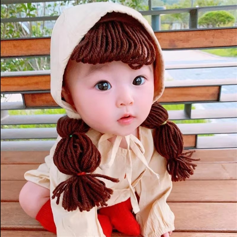 Palace Style Cosplay Autumn Infant Baby Girl Princess Hat Khaki Hair Braid Wig Cap Headbands